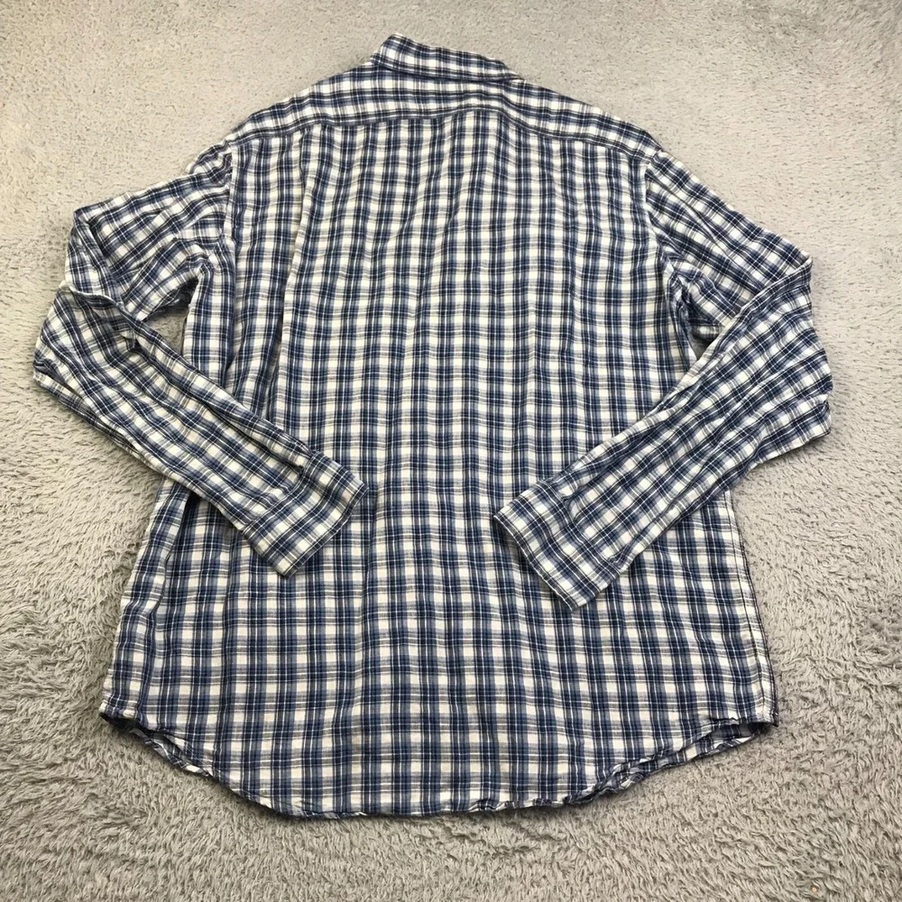 Polo Ralph Lauren Shirt Men L Blue Plaid Linen Cotton Blend Button Up Pockets
